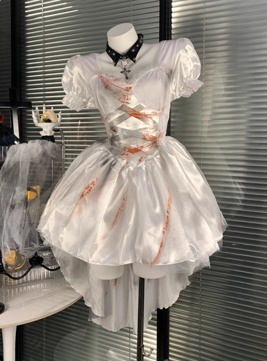 Puffed Sleeve Pleated Halloween Costumes Cosplay Dress Short Women Dress      D2667