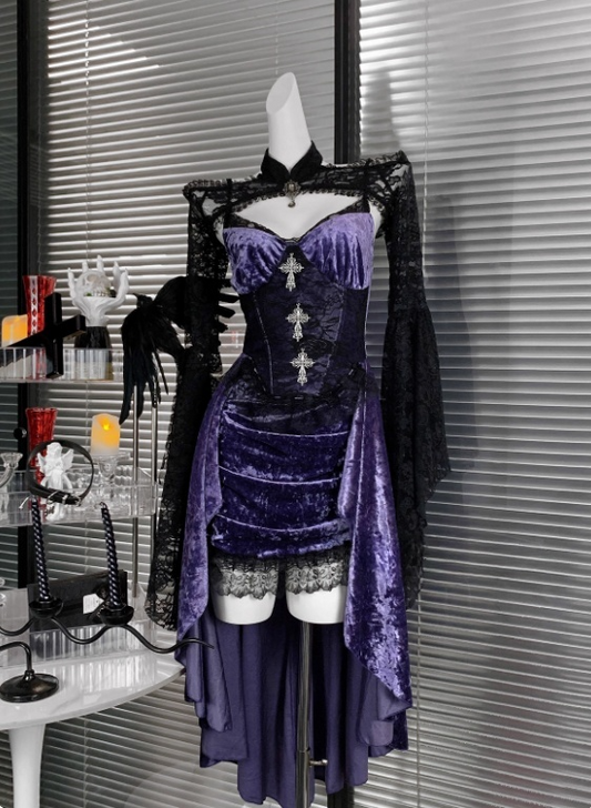 Sexy Spaghetti Straps Velvet Halloween Costumes Cosplay Dress Short Women Dress   D2669