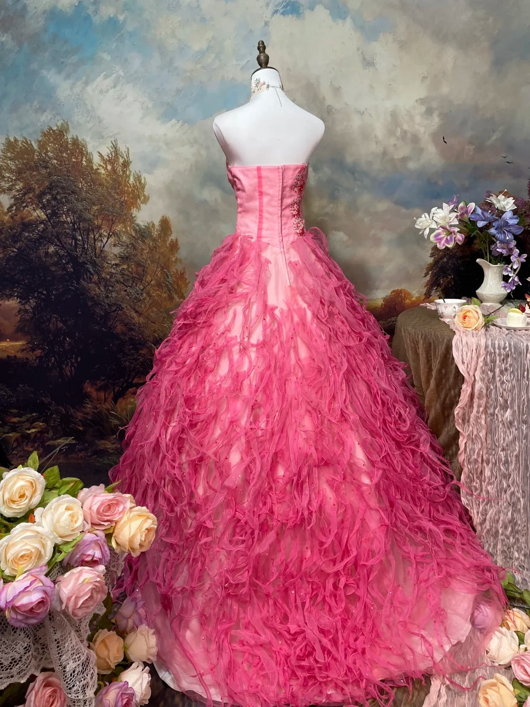 Sweet Prom Dress Strapless Tulle Pleated Ball Gown Evening Dress Quinceanera Dress   D2677