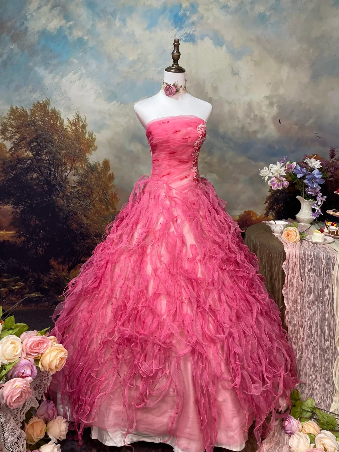Sweet Prom Dress Strapless Tulle Pleated Ball Gown Evening Dress Quinceanera Dress   D2677