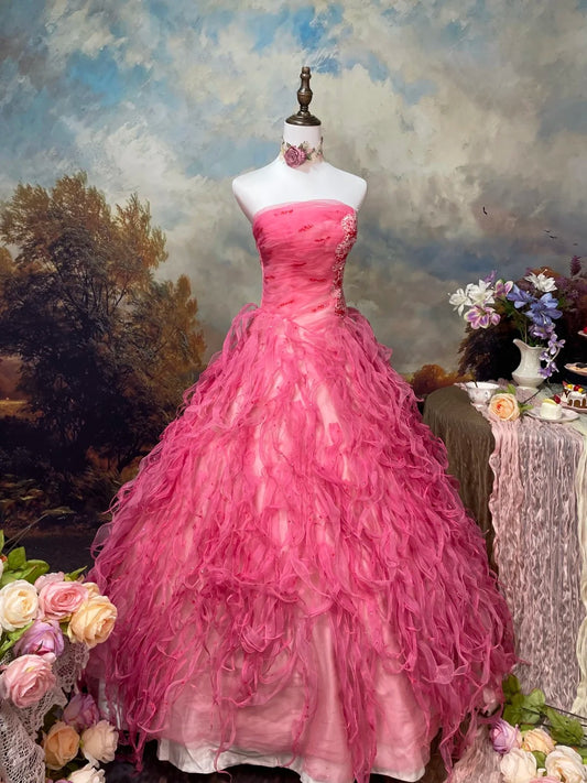 Sweet Prom Dress Strapless Tulle Pleated Ball Gown Evening Dress Quinceanera Dress   D2677