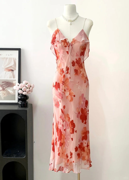 Robe de bal élégante à volants et col en V, imprimée, robe de soirée D2689