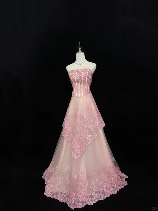 Sweet Prom Dress A Line Strapless Lace Evening Dress Birthday Party Dress Gala Dress D2711