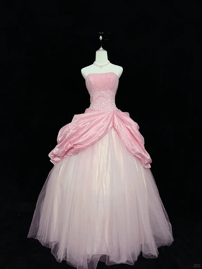 Cute Ball Gown Strapless Pleated Tulle Evening Dress Quinceanera Dress Prom Dress D2714