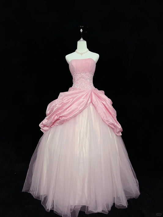 Cute Ball Gown Strapless Pleated Tulle Evening Dress Quinceanera Dress Prom Dress D2714