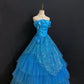 Shiny Prom Dress Strapless Flower Pleated Ball Gown Evening Dress 16th Dress D2718