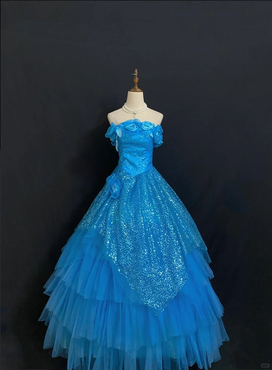 Shiny Prom Dress Strapless Flower Pleated Ball Gown Evening Dress 16th Dress D2718