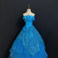 Shiny Prom Dress Strapless Flower Pleated Ball Gown Evening Dress 16th Dress D2718