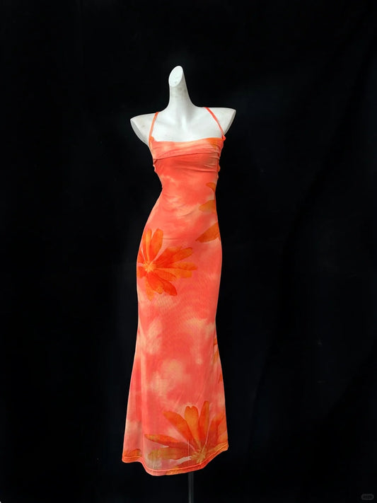 Stunning Women Dress Spaghetti Straps Backless Print Vacation Dress Birthday Party Outfits    D2749