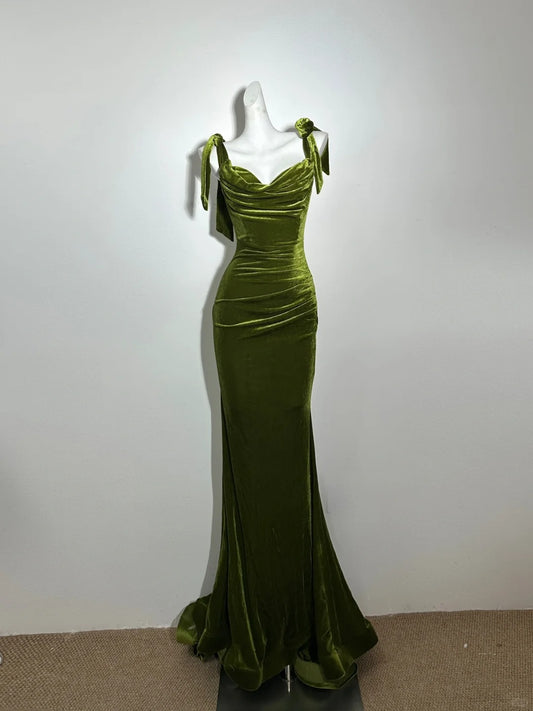 Gorgeous Prom Dress Velvet Spaghetti Straps Pleated Mermaid Evening Dress Wedding Guest Dress   D2750