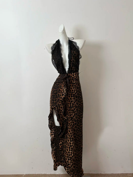 Sexy Prom Dress Halter Leopard Print Evening Dress Birthday Party Dress  D2753