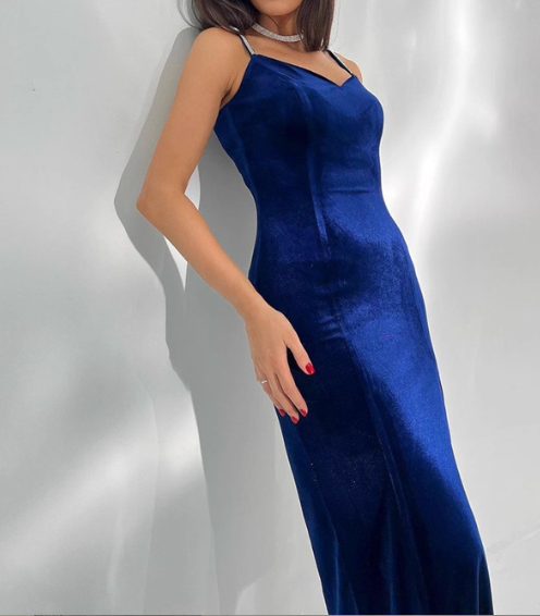 Elegant Women Dress Velvet Spaghetti Straps Slit Party Dress Wedding Guest Dress   D2762