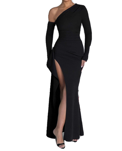 Elegant Women Dress Black Asymmetrical Neck Slit Party Dress Wedding G – ModelDressy Elegant Women Dress Black Asymmetrical Neck Slit Party Dress Wedding G – ModelDressy