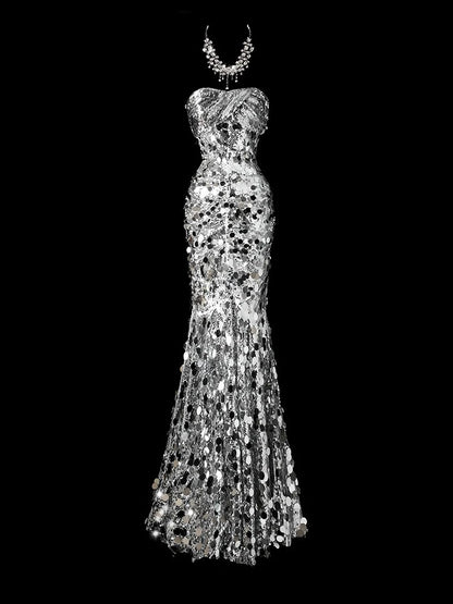 Shiny Prom Dress Strapless Sequins Mermaid Prom Gown Evening Dress Gala Dress    D2775