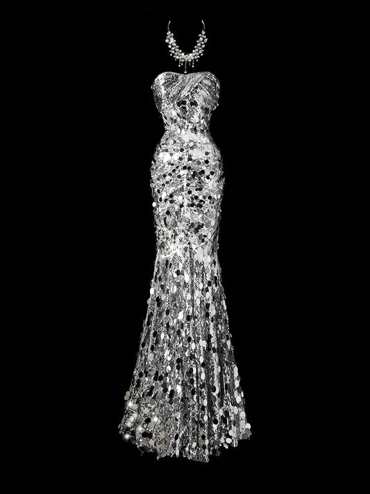 Shiny Prom Dress Strapless Sequins Mermaid Prom Gown Evening Dress Gala Dress    D2775