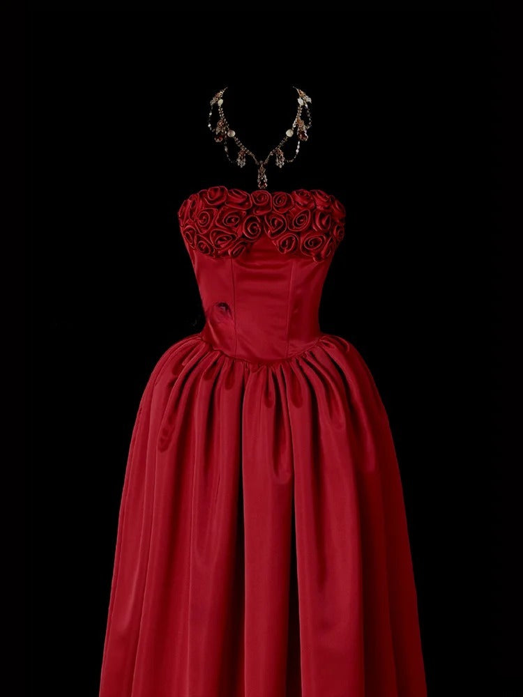 Stunning Prom Dress Strapless Rose Pleated Prom Gown Evening Dress Gala Dress     D2777