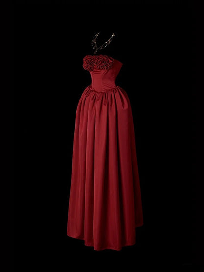 Stunning Prom Dress Strapless Rose Pleated Prom Gown Evening Dress Gala Dress     D2777