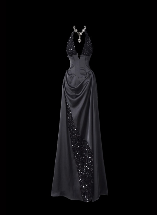Shiny Prom Dress Black A Line Halter Pleated Evening Dress Gala Dress  D2794