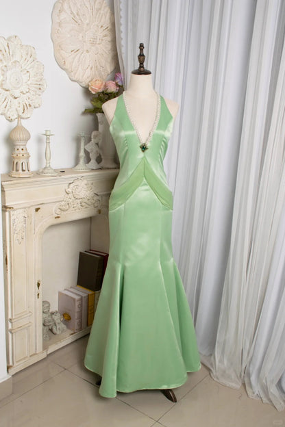 Elegant Prom Dress V-neck Pearl Mermaid Birthday Party Dress Evening Dress Gala Dress     D2804