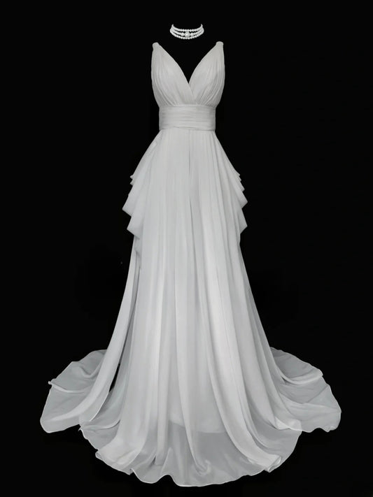 Elegant Prom Dress A Line V-neck Pleated Evening Dress Gala Dress D2825