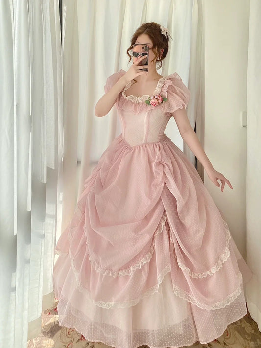 Cute Prom Dress Square Neck Pleated Lace Evening Dress Ball Gown Sweet 16 Dress Birthday Party Dress    D2854