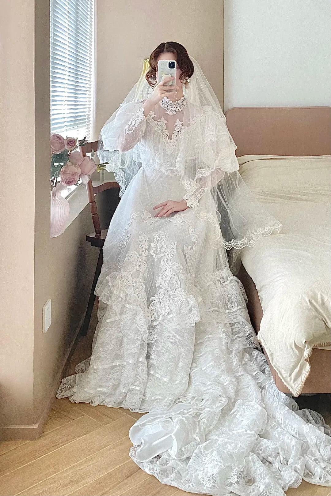 Stunning A Line Long Sleeve Lace Tulle Wedding Dress  D2856