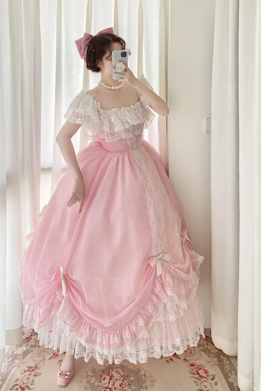 Sweet Prom Dress Pink Square Neck Pleated Ball Gown Evening Dress Quinceanera Dress  D2858