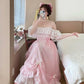 Sweet Prom Dress Pink Square Neck Pleated Ball Gown Evening Dress Quinceanera Dress  D2858