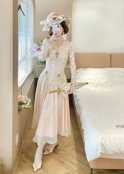 Elegant Prom Dress V-neck Pleated Lace Date Dress Party Dress  D2859