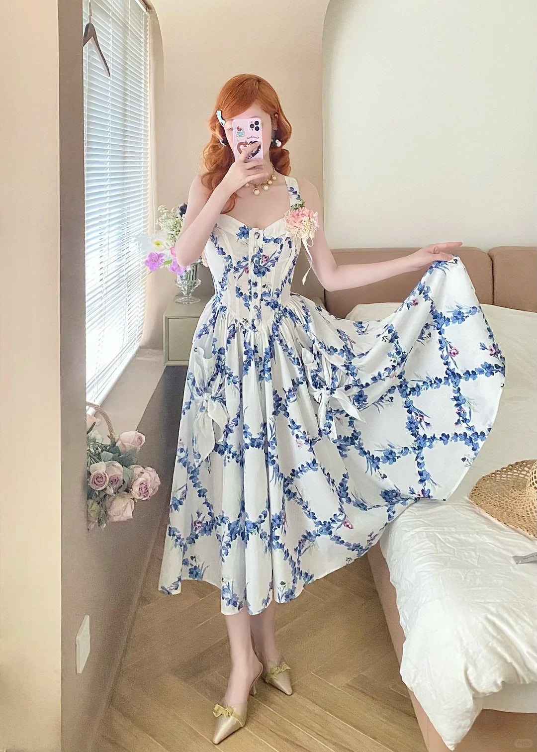 Charmante robe d'été trapèze à bretelles spaghetti et imprimé plissé pour femme, tenue de rendez-vous ou de vacances, D2860