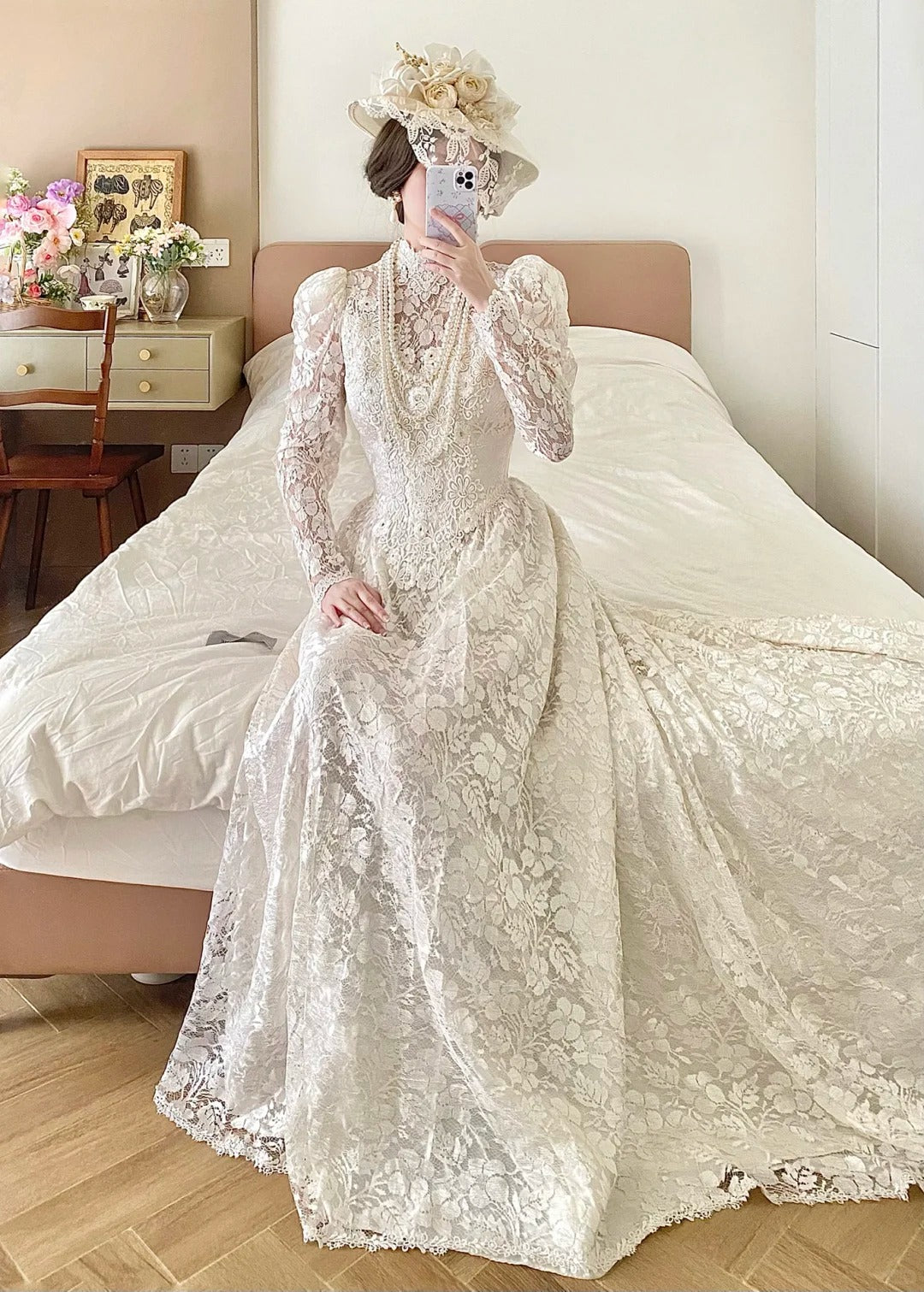 Elegant A Line High Collar Lace Wedding Dress  D2861