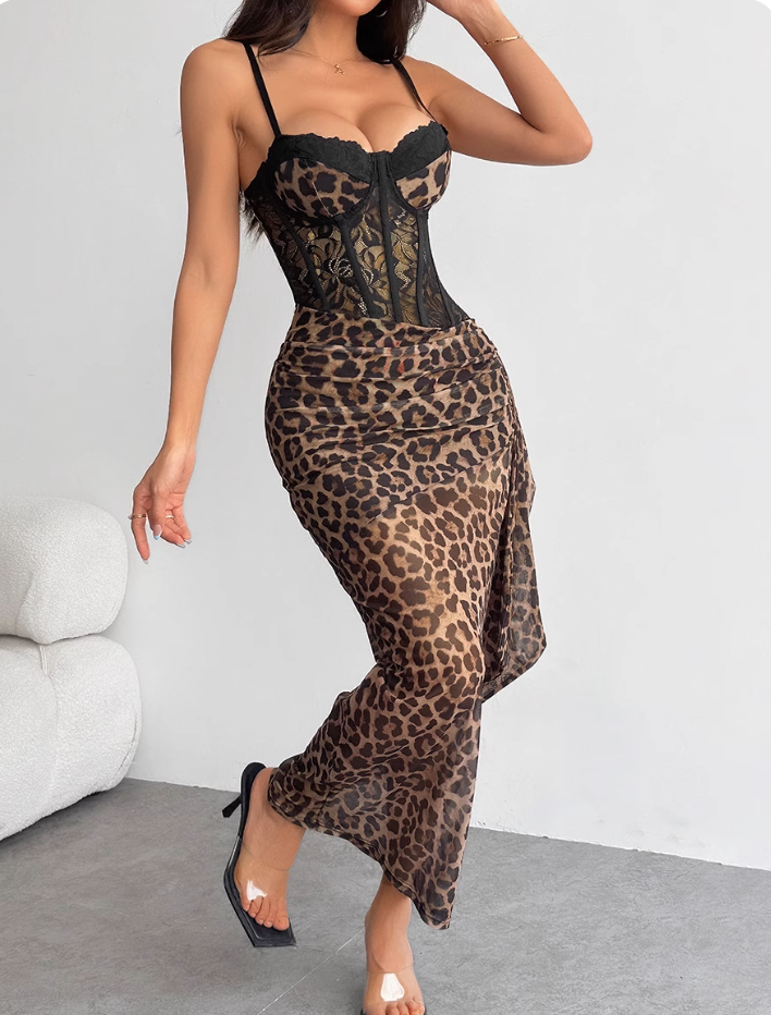 Sexy Summer Dress Spaghetti Straps Leopard Print Summer Dress Vacation Dress Party Dress    D2871