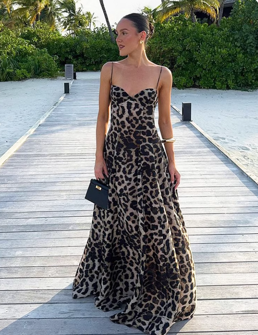 Stunning Summer Dress Spaghetti Straps Leopard Print Women Dress Vacation Outfits Party Dress   D2878