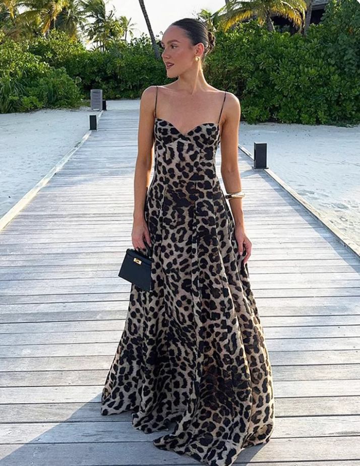 Stunning Summer Dress Spaghetti Straps Leopard Print Women Dress Vacation Outfits Party Dress   D2878