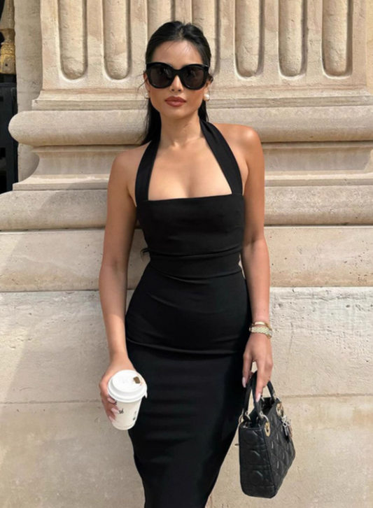 Minimalist Summer Dress Black Halter Ankle Length Women Dress Vacation Outfits Casual Dress     D2883