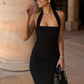 Minimalist Summer Dress Black Halter Ankle Length Women Dress Vacation Outfits Casual Dress     D2883