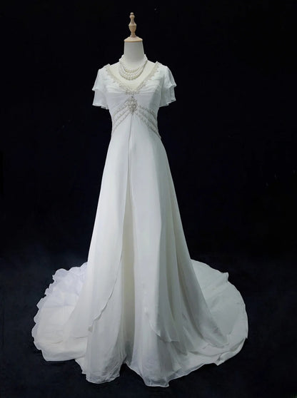 Robe de mariée élégante en dentelle, col en V, plissée et perlée, D2897