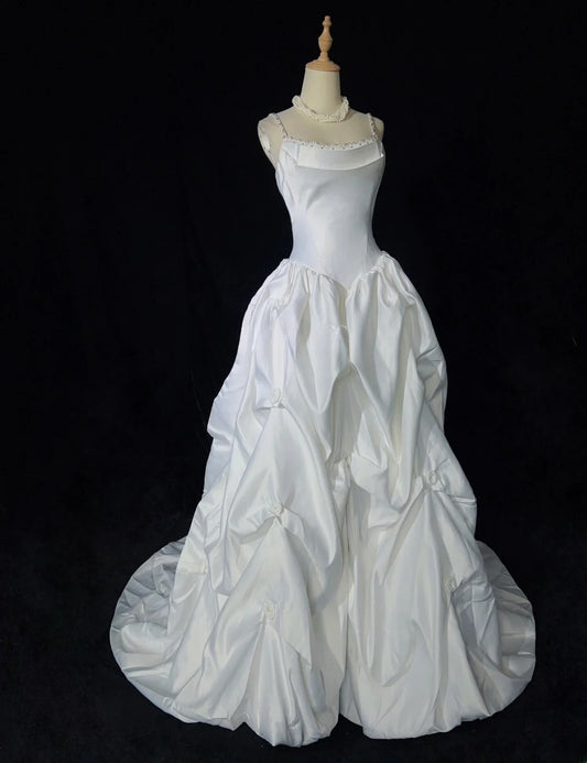 Elegant Spaghetti Straps Pleated Beading Wedding Dress Ball Gown  D2905