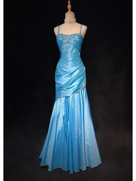Charming Prom Dress Blue Spaghetti Straps Pleated Mermaid Evening Dress Gala Dress Party Dress   D2906
