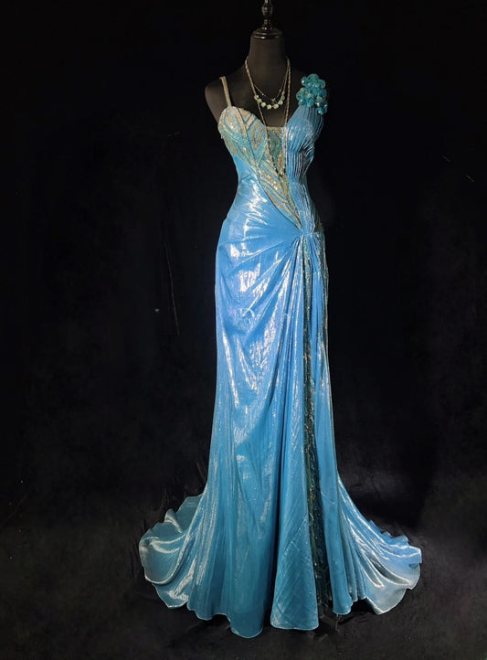 Shiny Prom Dress Asymmetrical Neck Pleated Evening Dress Gala Dress Party Dress    D2915