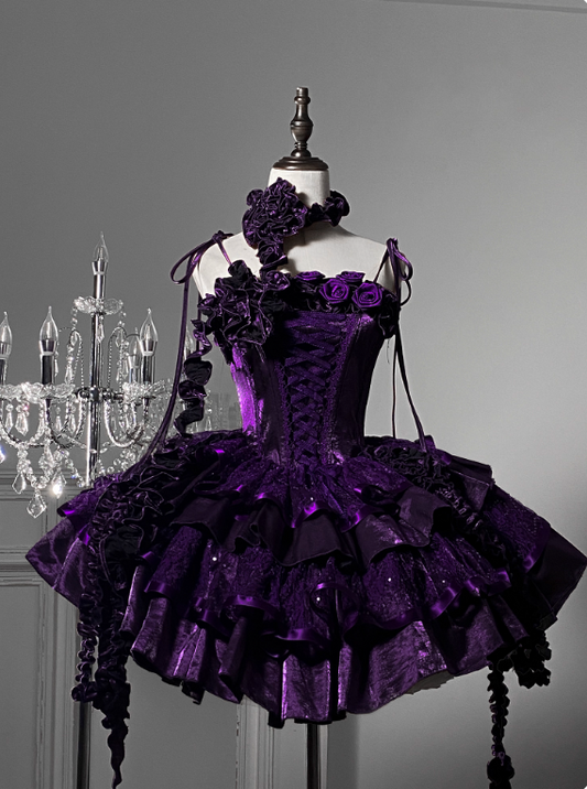 Stunning Homecoming Dress Dark Purple Spaghetti Straps Flower Tiered Short Prom Dress Birthday Party Dress    D2923