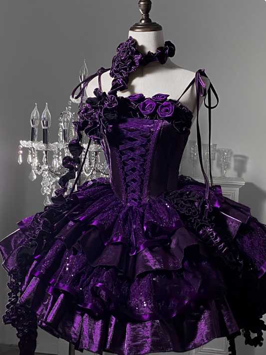 Stunning Homecoming Dress Dark Purple Spaghetti Straps Flower Tiered Short Prom Dress Birthday Party Dress    D2923