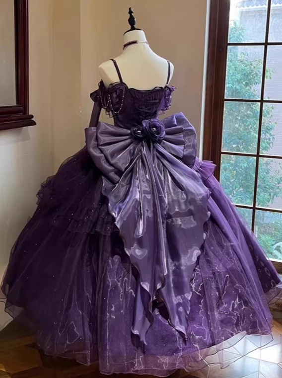 Beauty Prom Dress Purple Spaghetti Straps Pleated Tulle Ball Gown Evening Dress Quinceanera Dress  D2930