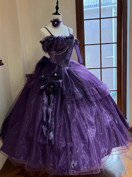 Beauty Prom Dress Purple Spaghetti Straps Pleated Tulle Ball Gown Evening Dress Quinceanera Dress  D2930