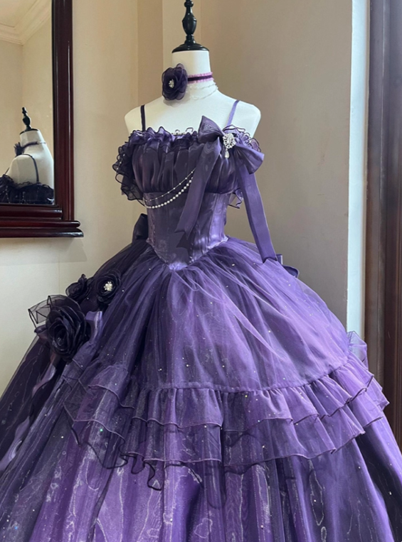 Beauty Prom Dress Purple Spaghetti Straps Pleated Tulle Ball Gown Evening Dress Quinceanera Dress  D2930