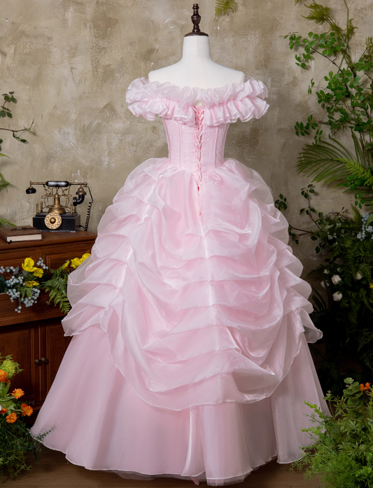 Sweet Prom Dress Pink Off Shoulder Ruffle Pleated Ball Gown Quinceanera Dress Princess Dresses  D2938