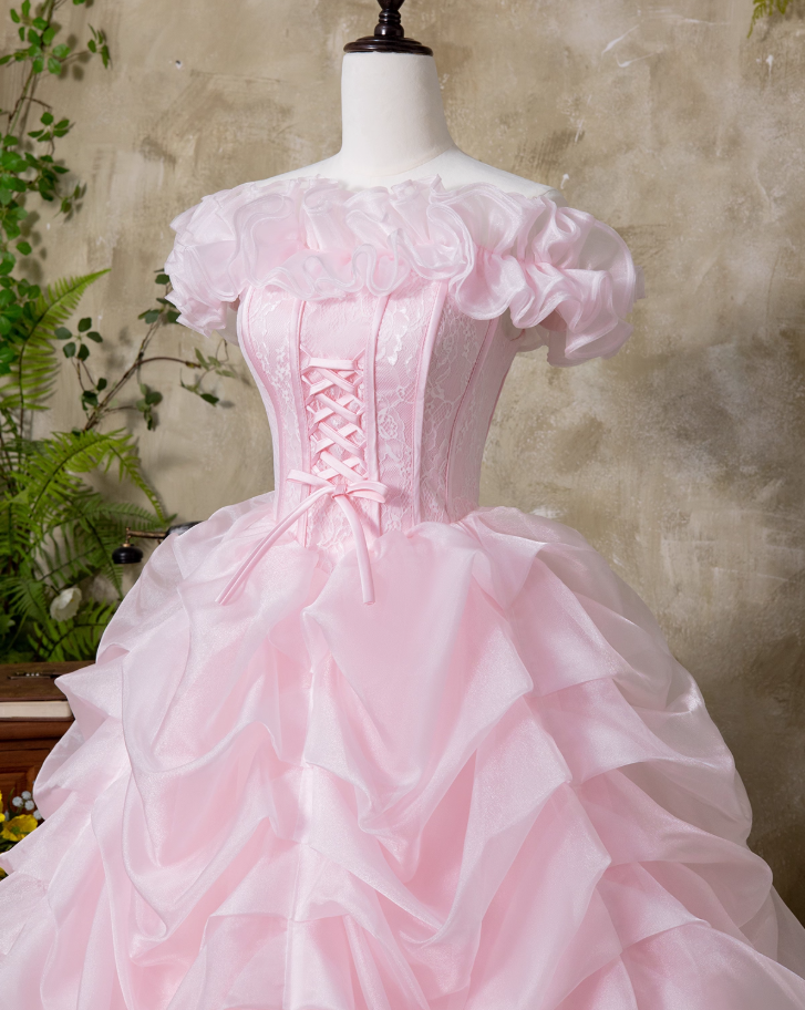 Sweet Prom Dress Pink Off Shoulder Ruffle Pleated Ball Gown Quinceanera Dress Princess Dresses  D2938