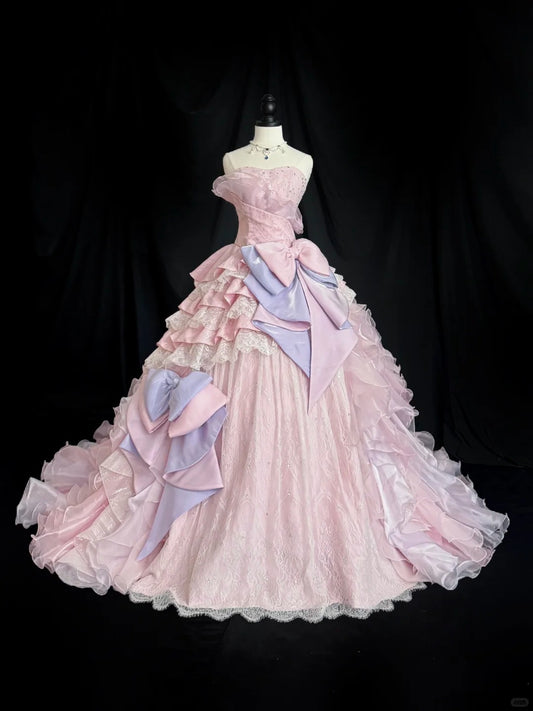 Pretty Prom Dress Strapless Lace Ruffle Ball Gown Evening Dress Sweet 16 Dress    D2838