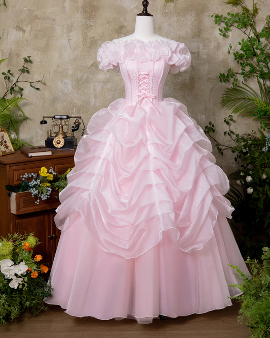 Sweet Prom Dress Pink Off Shoulder Ruffle Pleated Ball Gown Quinceanera Dress Princess Dresses  D2938