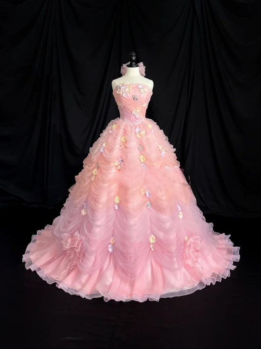 Sweet Prom Dress Strapless Flower Tulle Pleated Ball Gown Evening Dress Quinceanera Dress    D2839